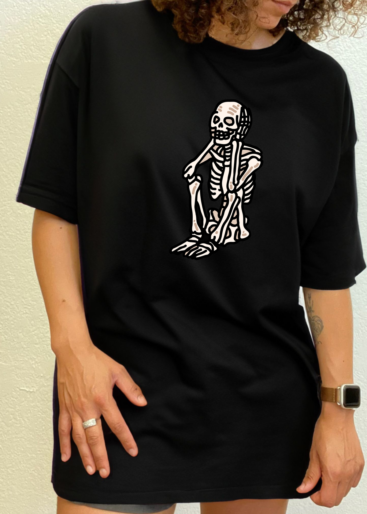 Mens Sad Skeleton Halloween graphic T-shirt by Spun Bamboo, short sleeve shirt with a printed skeleton design in bamboo viscose organic cotton.