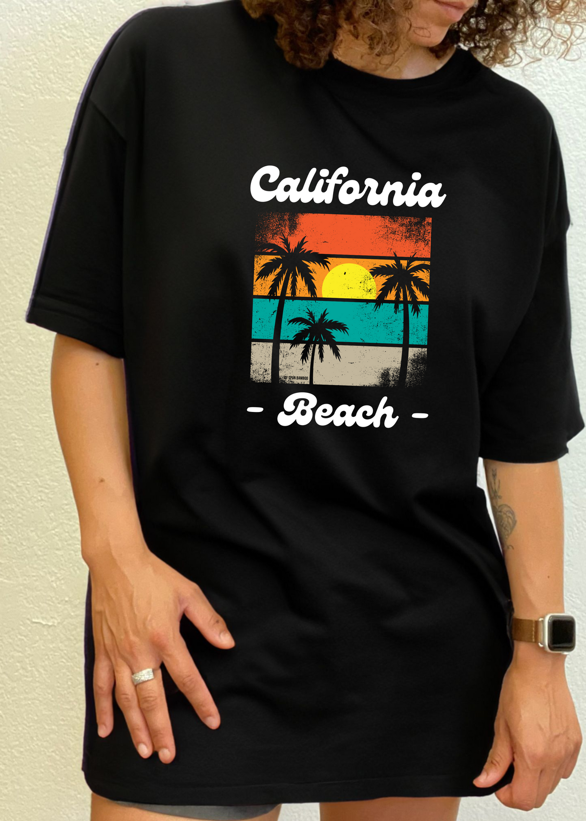 Mens printed T-shirt by Spun Bamboo featuring California Beach graphic in bamboo viscose and organic cotton fabric.