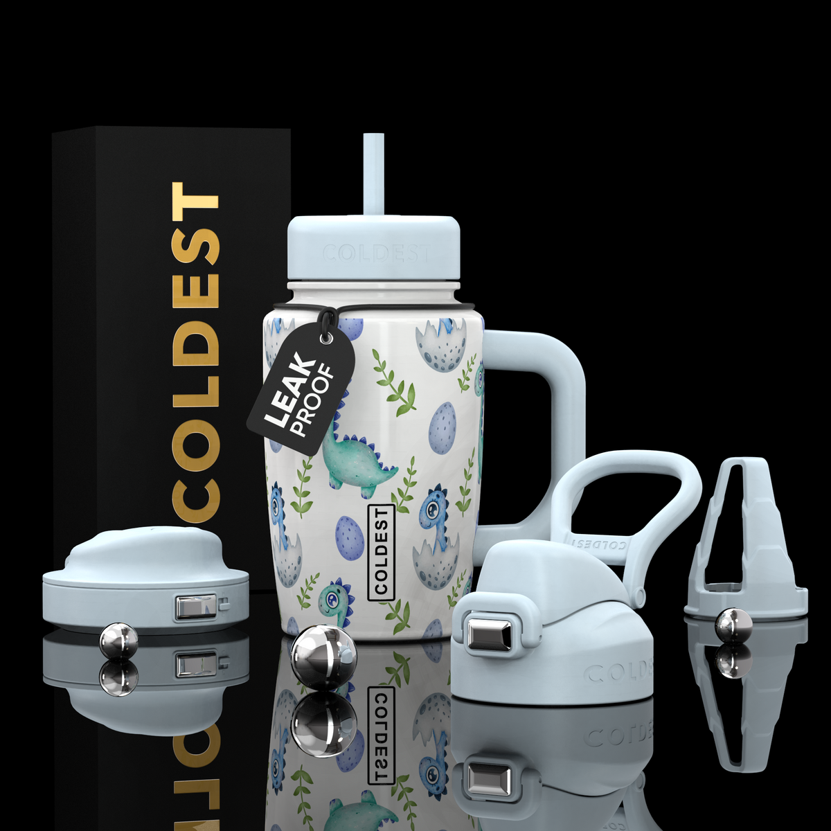 Coldest Limitless Ultra v8 15oz stainless steel tumbler featuring a colorful baby dinosaur design on a white background.