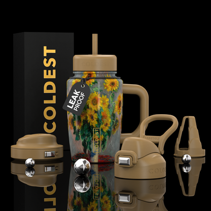 Coldest Limitless Ultra V8 15oz tumbler with sunflower bouquet design, stainless steel travel mug with colorful floral pattern.