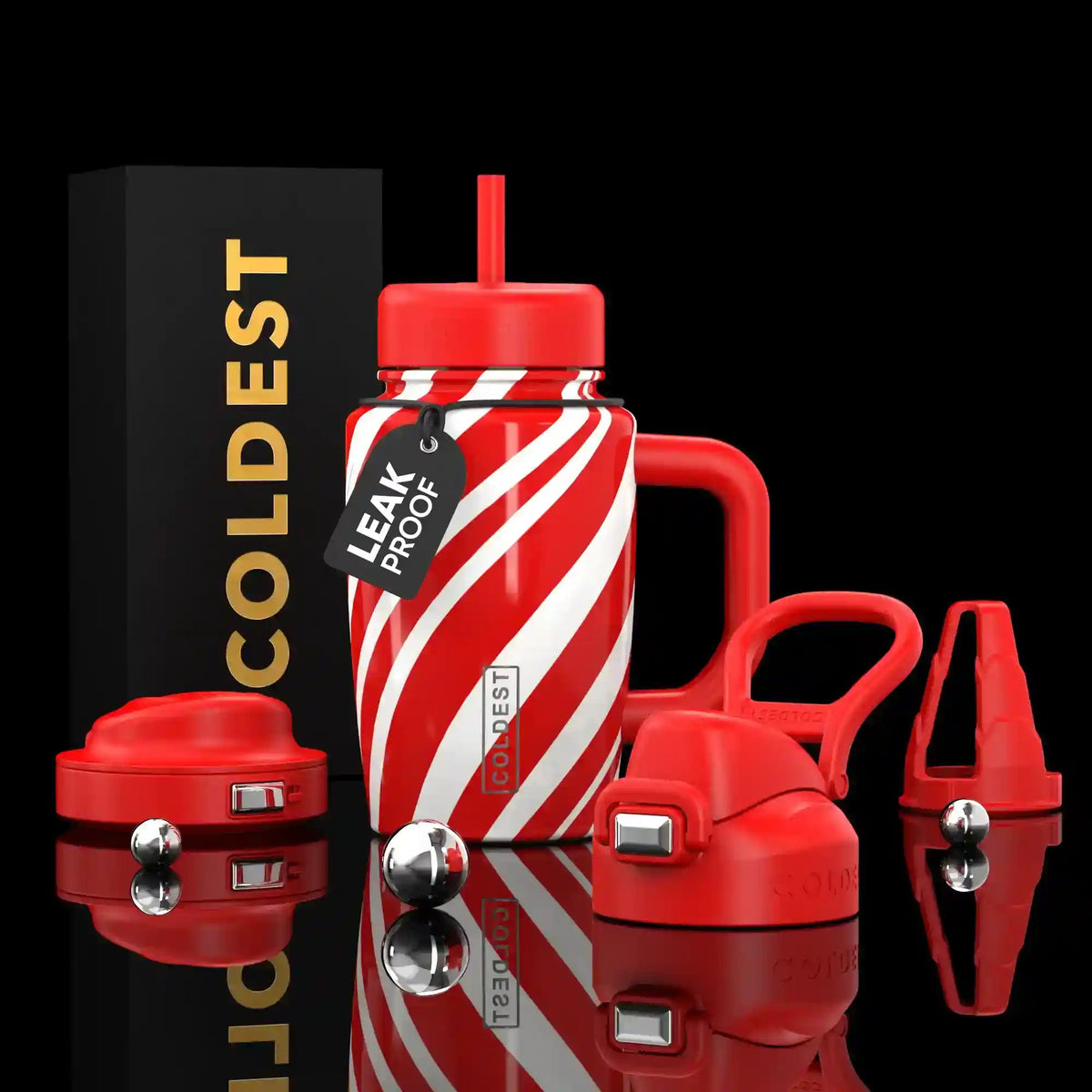 Coldest Limitless Ultra v8 15oz tumbler with candy cane design and red lid, perfect for cold beverages.
