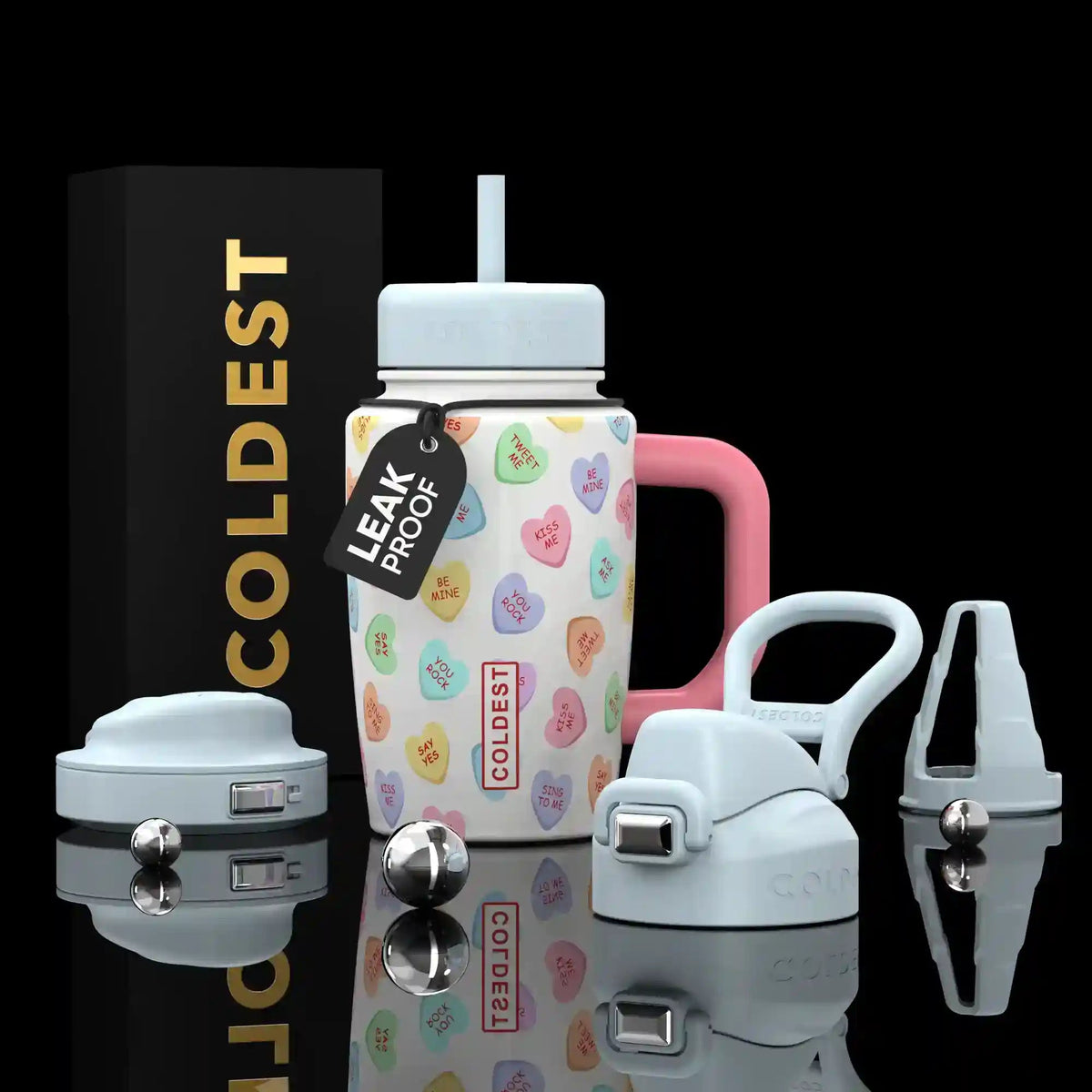 Coldest Limitless Ultra v8 15oz tumbler with candy heart design, durable stainless steel, and insulated for hot and cold drinks.