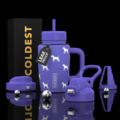 Coldest Limitless Ultra v8 15oz insulated tumbler with a cuddly pup design, featuring a stainless steel body and spill-proof lid.