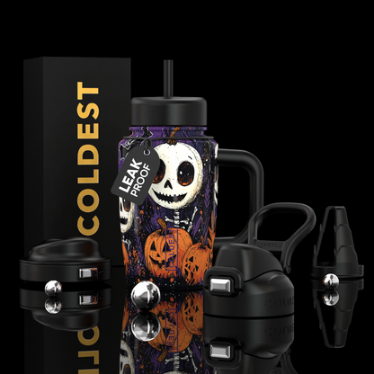 Coldest Limitless Ultra V8 15oz stainless steel tumbler with a Deadly Pumpkin Heads design on a black background.