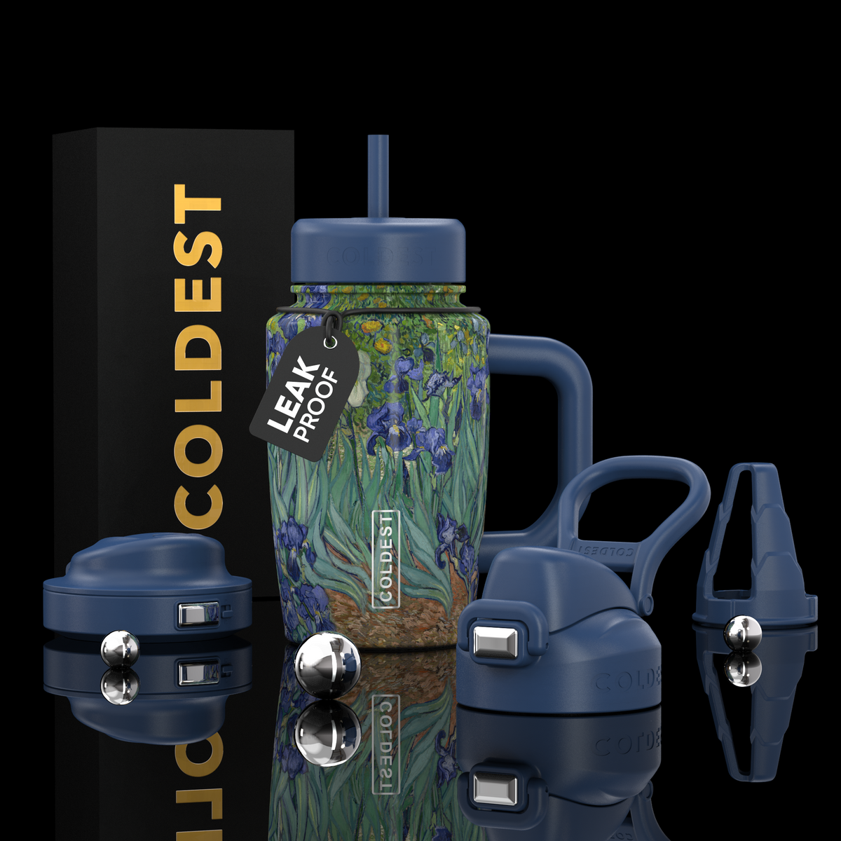 Coldest Limitless Ultra v8 15oz tumbler with iridescent irises design, stainless steel body, and spill-proof lid.