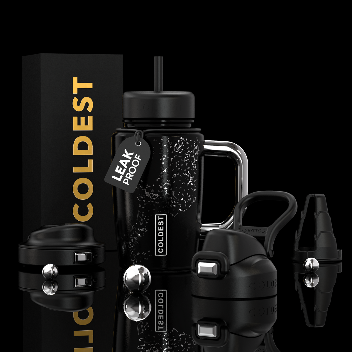 Coldest Limitless Ultra v8 15oz insulated tumbler in black with a musical love design and stainless steel construction.