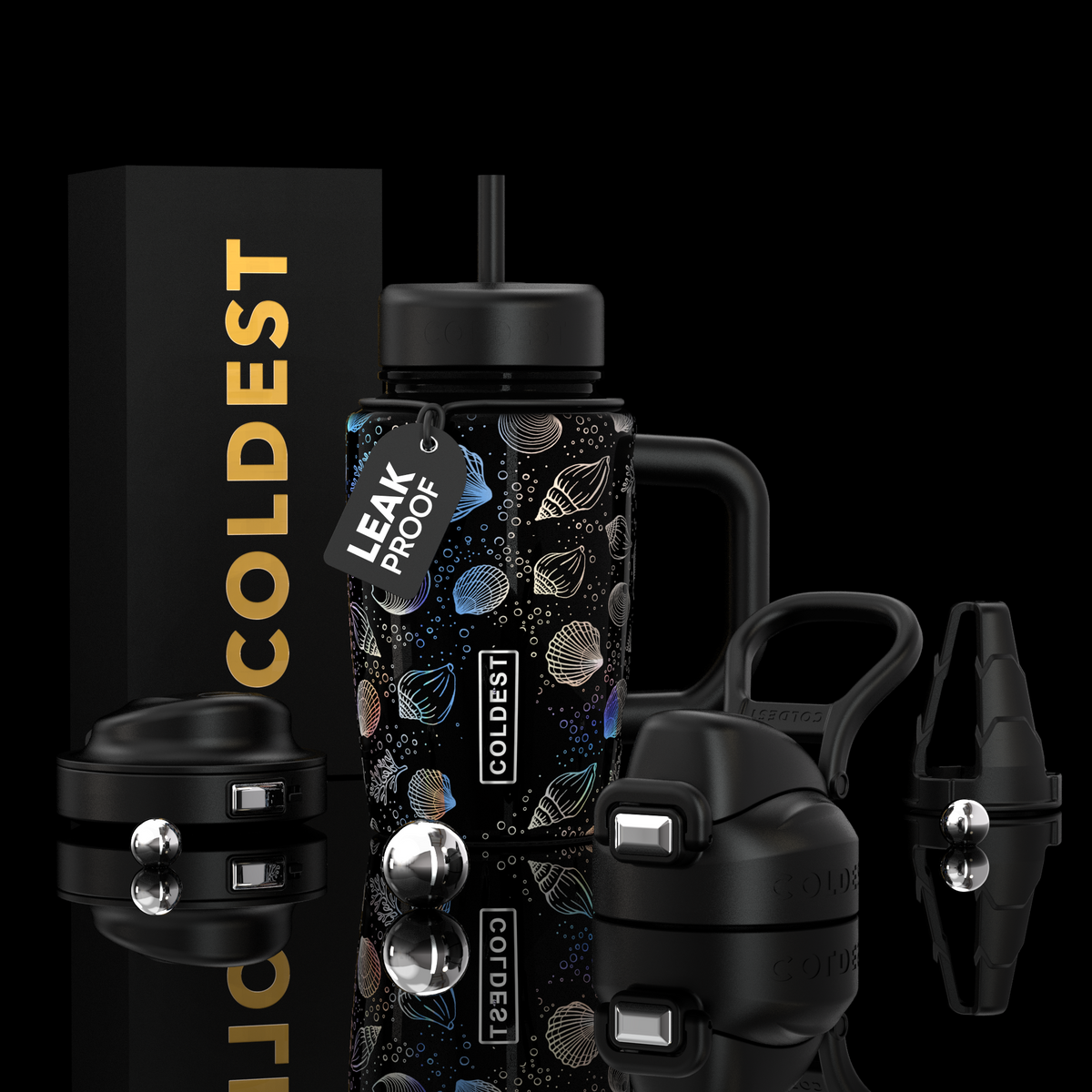 Coldest Limitless Ultra v8 15oz tumbler with a moonlight seashells design, featuring a stainless steel body and leak-proof lid.