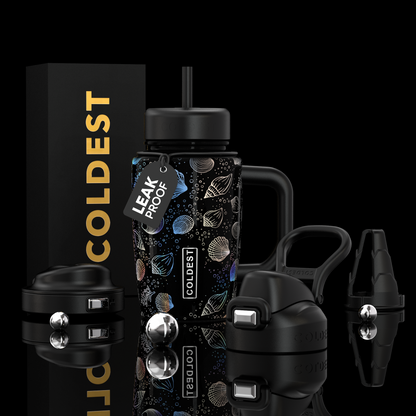 Coldest Limitless Ultra v8 15oz tumbler with a moonlight seashells design, featuring a stainless steel body and leak-proof lid.
