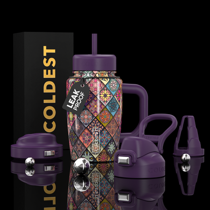 Coldest Limitless Ultra v8 15oz tumbler with a colorful mosaic bloom design, durable stainless steel construction, and leak-proof lid