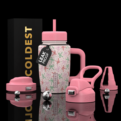 Coldest Limitless Ultra v8 15oz tumbler with pink bow design, stainless steel body, and double-wall insulation for hot and cold drinks.