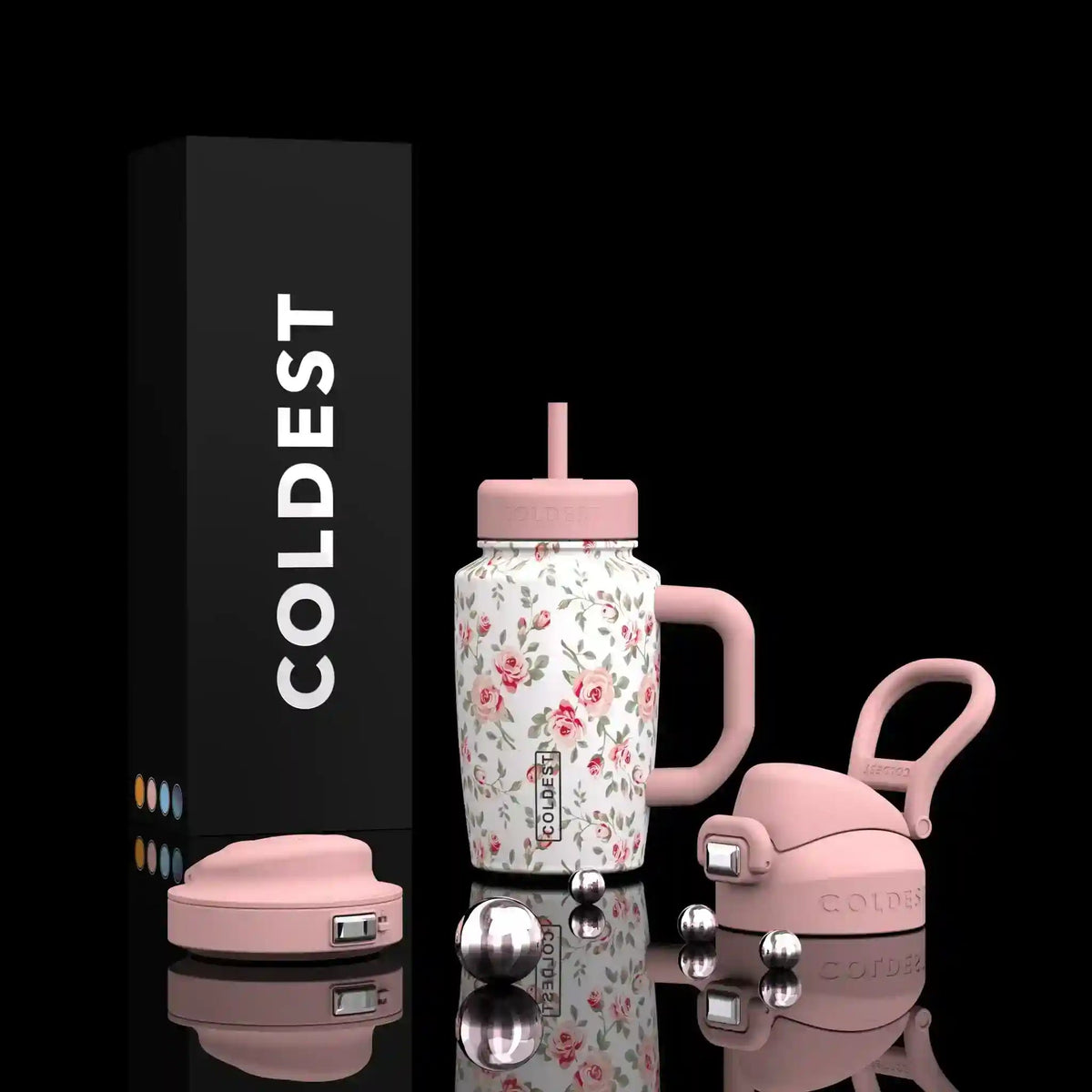 Coldest 15oz Limitless Ultra V8 tumbler with pink petals design, stainless steel body, and leak-proof lid for hot and cold drinks.