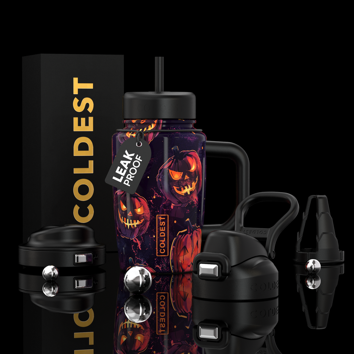 Coldest 15oz Limitless Ultra v8 tumbler with pumpkin patch design, featuring a sleek black body and vibrant fall-themed graphics.