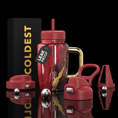 Coldest Limitless Ultra v8 15oz red insulated tumbler with sleek design and spill-proof lid for hot and cold beverages.