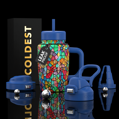 Coldest 15oz Limitless Ultra v8 tumbler with stained glass design, featuring vibrant colors and a durable stainless steel body.
