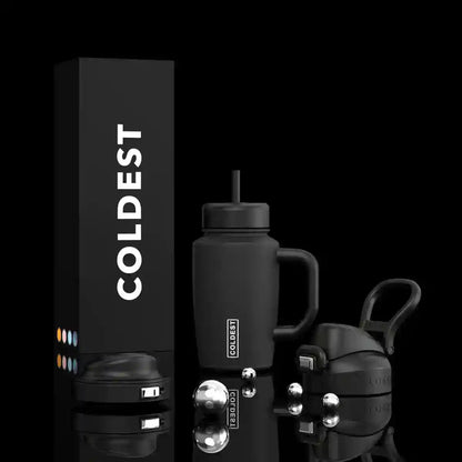 Coldest Limitless Ultra V8 15oz black stainless steel tumbler with lid, designed for hot and cold beverages, sleek and durable.