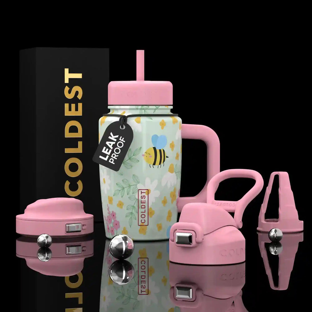 Coldest Limitless Ultra v8 15oz stainless steel tumbler with a colorful bee design and spill-resistant lid for hot and cold drinks.