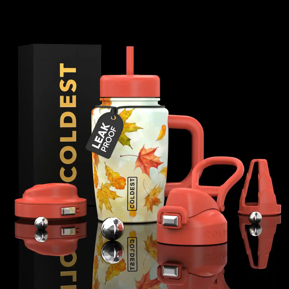 Coldest Limitless Ultra V8 15oz tumbler with fall-themed design, featuring a vibrant autumn leaves pattern on a sleek black background.