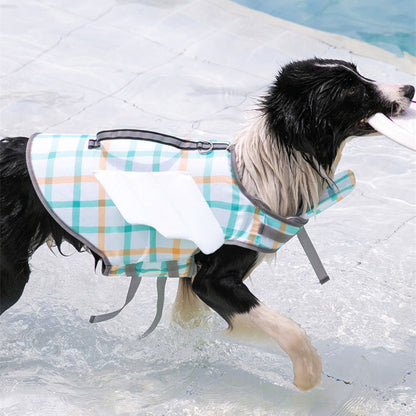 Dog pet swimming life jacket available in small, medium, and large sizes, with adjustable straps and flotation panels