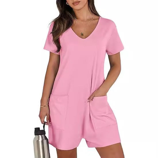 Women's summer casual sleeveless round-neck jumpsuit with short legs, belt, and pockets