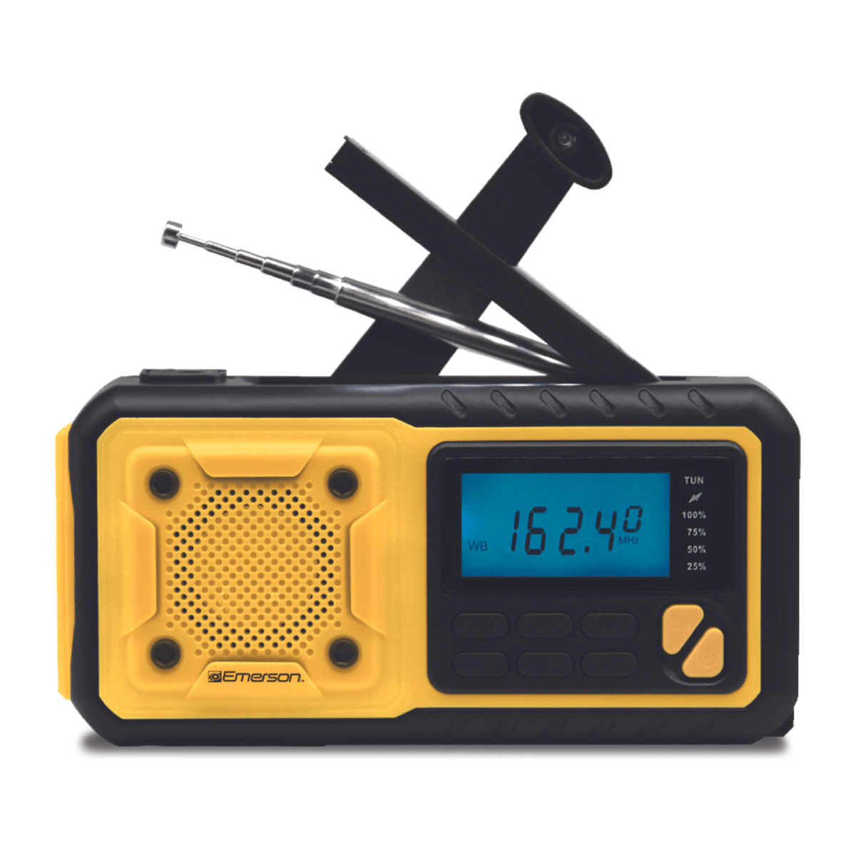 Emerson emergency AM/FM radio with weather band, built-in flashlight, and power bank features, shown in black with control buttons