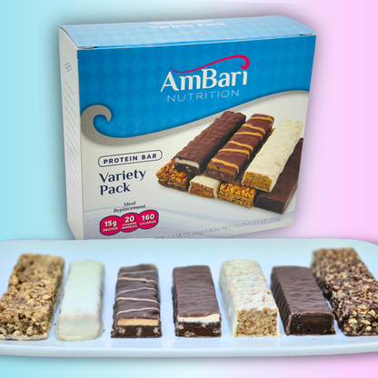Assorted AmBari Nutrition protein bars with 15g of protein each in a variety pack, showcasing different flavors and packaging.