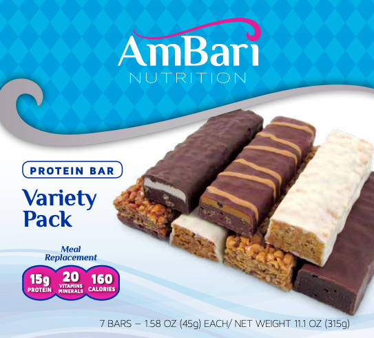 Assorted AmBari Nutrition 15g protein meal replacement bars in a variety pack showing different flavors and packaging.