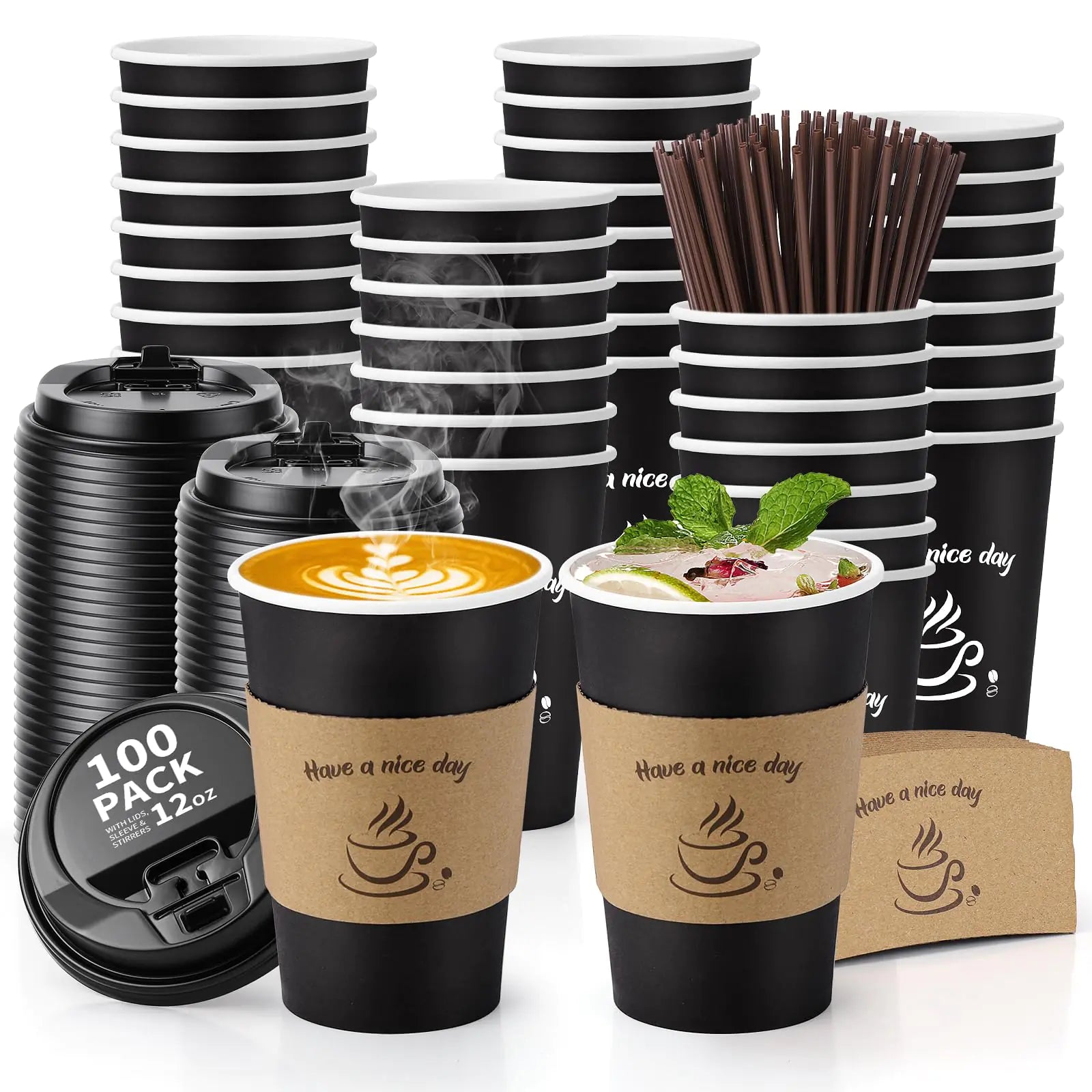 AIRE 100 Pack Disposable Coffee Cups with Lids 12 oz Coffee Cups for Hot & Cold Drinks To Go Coffee Cups with Lids for Coffee Tea Chocolate Paper Coffee Cups with Lids Sleeves and Stir Straws