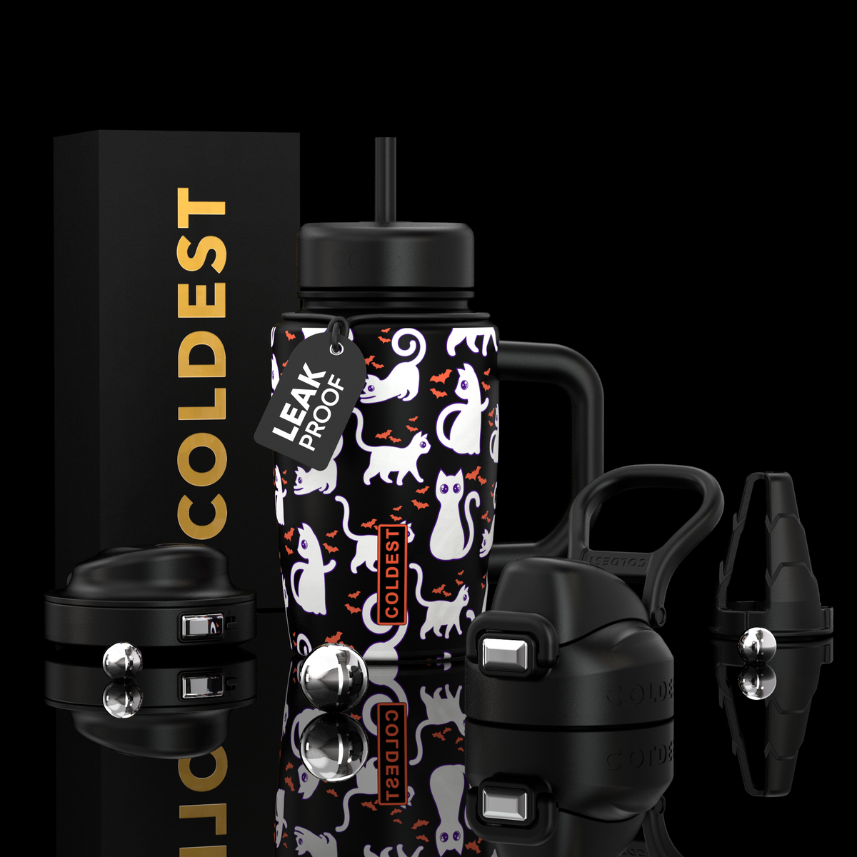 Coldest Limitless Ultra v8 15oz tumbler featuring bats and cats in a colorful design with a clear lid.