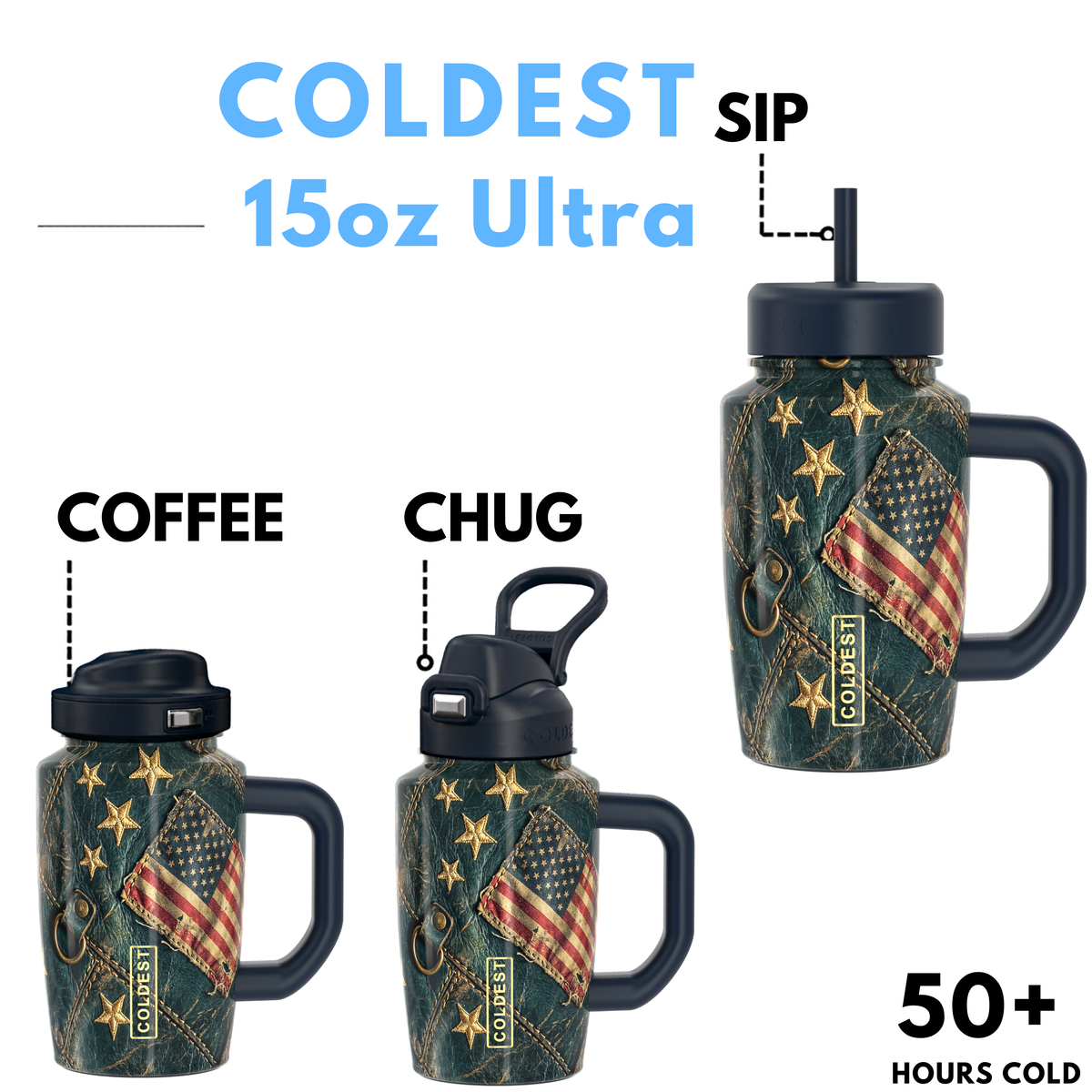 15oz Coldest Limitless Ultra v8 tumbler with Hamilton design in black and silver, showcasing sleek stainless steel construction.