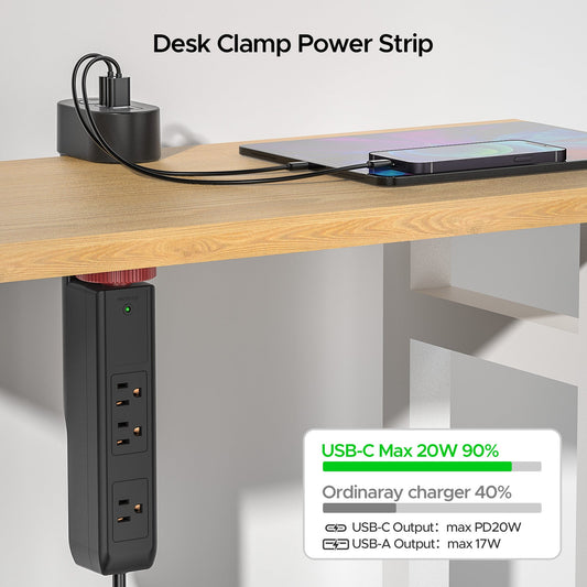 CRST surge protector power strip with 3 outlets, 3 USB ports including 20W USB-C PD, and 1020J surge protection.