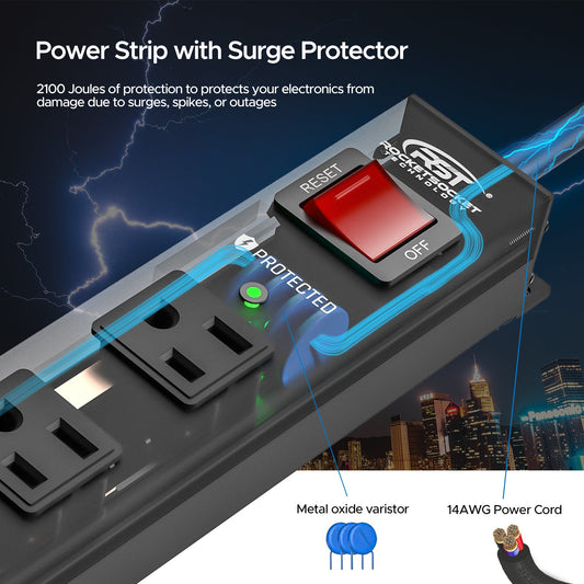 CRST 12-outlet metal surge protector power strip with mountable design, 2100J surge protection, and 6ft or 15ft cord.