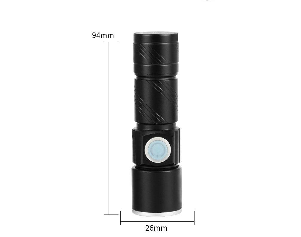 Mini waterproof rechargeable LED flashlight with USB charging, compact black design