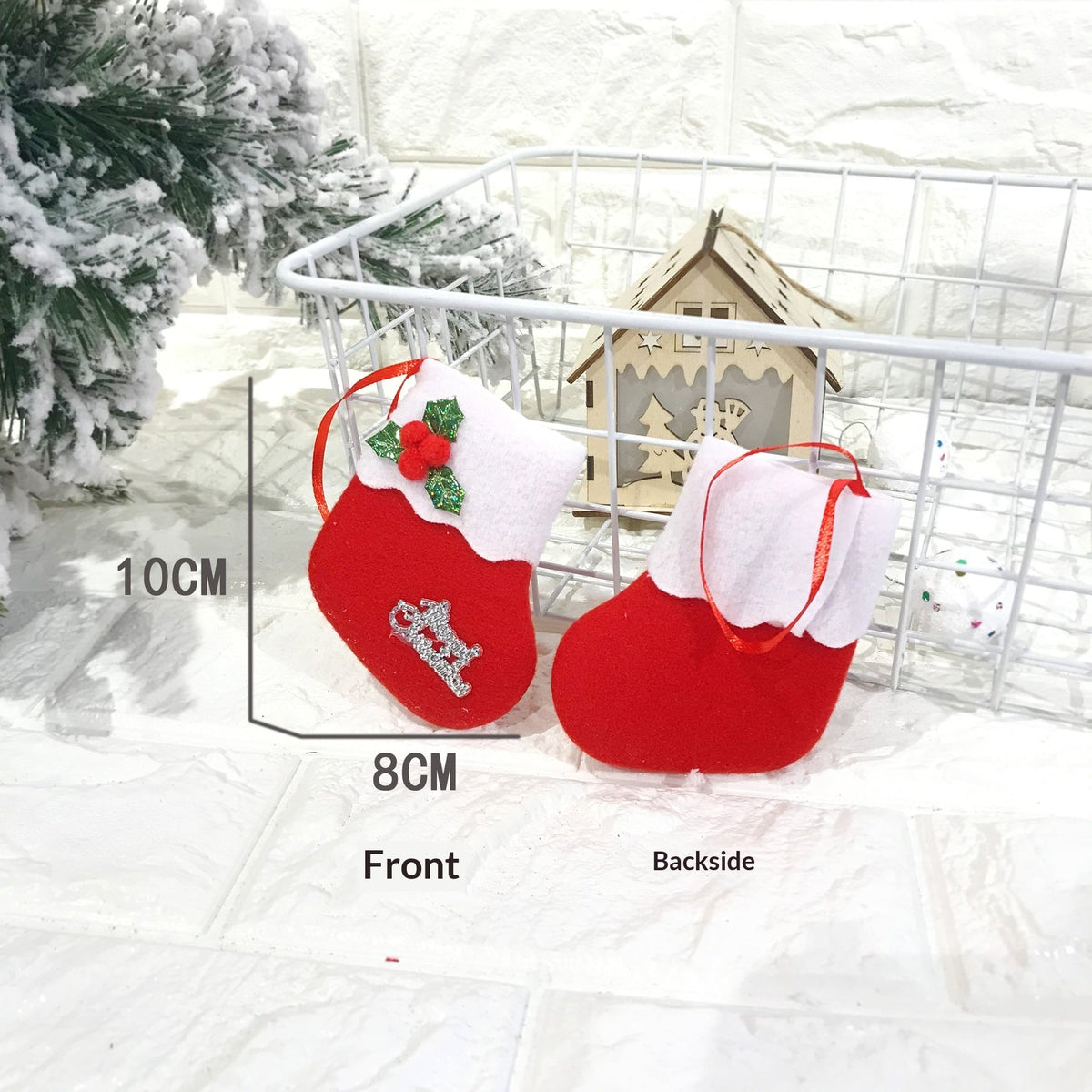 Christmas tree stocking decoration with festive holiday design, displayed for seasonal decor