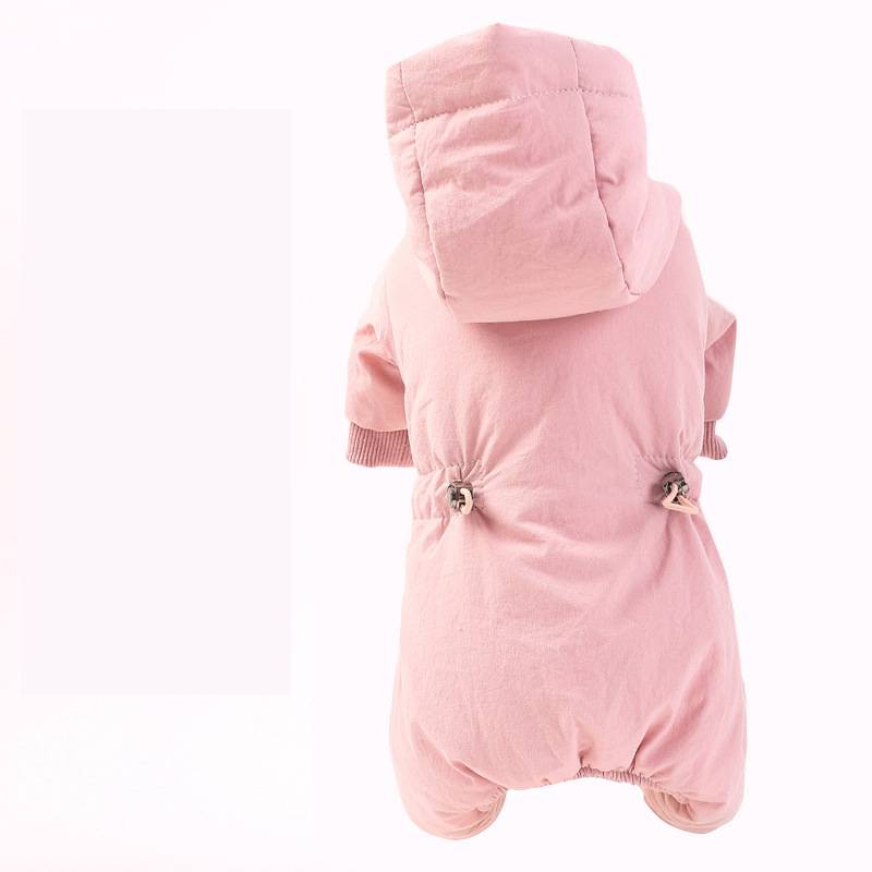 Small dog wearing an autumn and winter four-legged padded coat in a cozy, full-coverage design