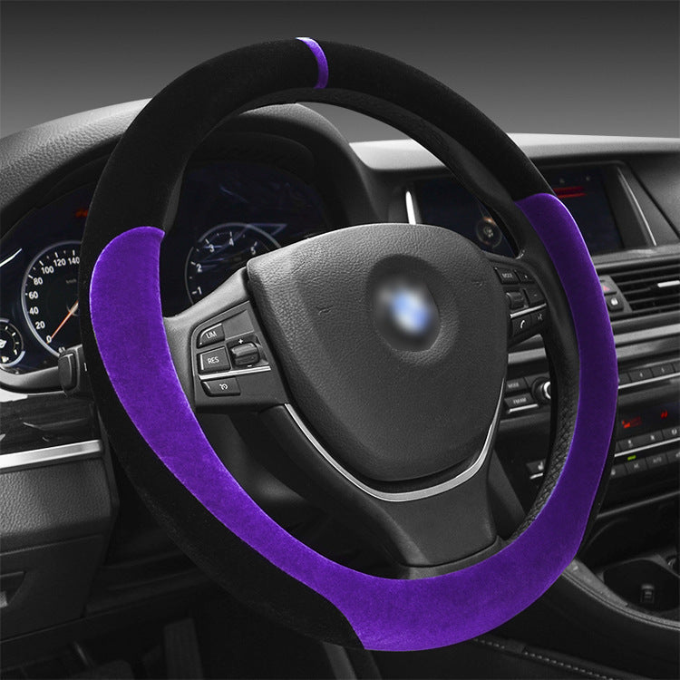 Winter short plush flocking steering wheel cover, soft textured design in close-up view