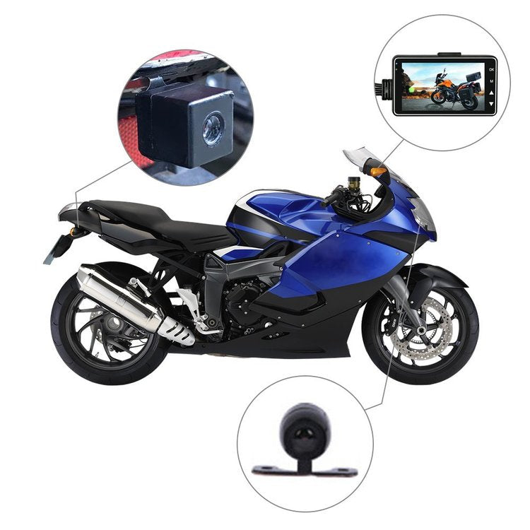 Motorcycle dash cam mounted on handlebars with front and rear cameras for road recording