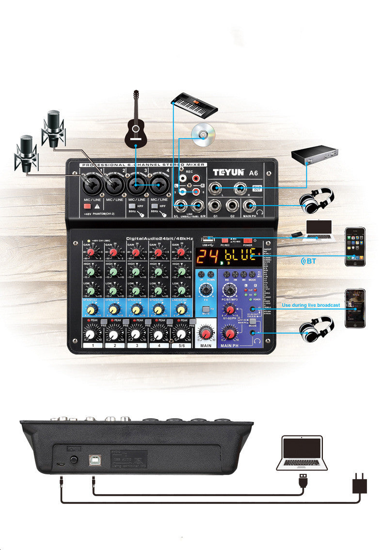Bluetooth sound card mixer with microphone effector and live audio controls