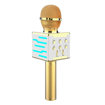 Wireless Bluetooth condenser microphone with integrated audio system in black, front view