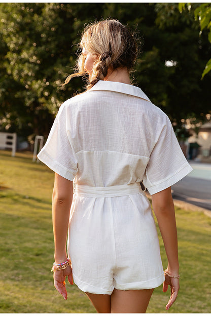 Women's pure color short-sleeved lapel tie jumpsuit in a casual style