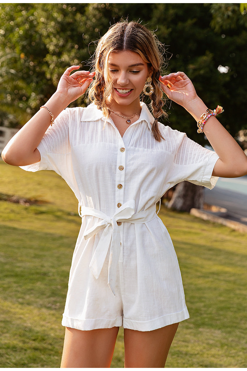 Women's pure color short-sleeved lapel tie jumpsuit in a casual style