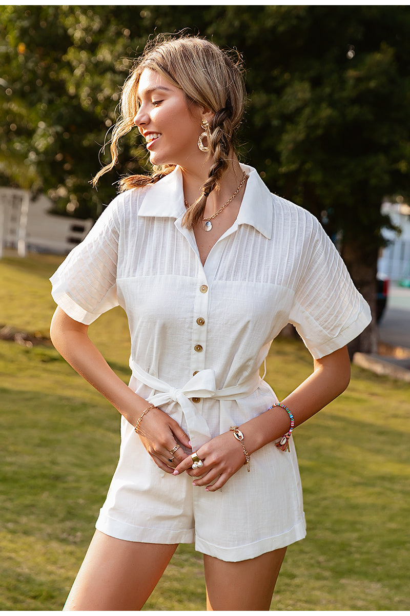 Women's pure color short-sleeved lapel tie jumpsuit in a casual style