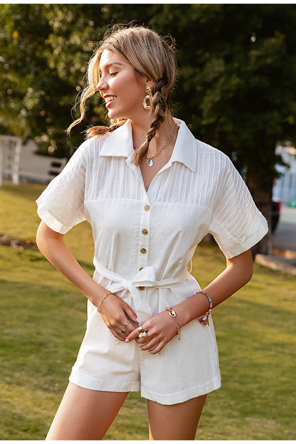 Women's pure color short-sleeved lapel tie jumpsuit in a casual style
