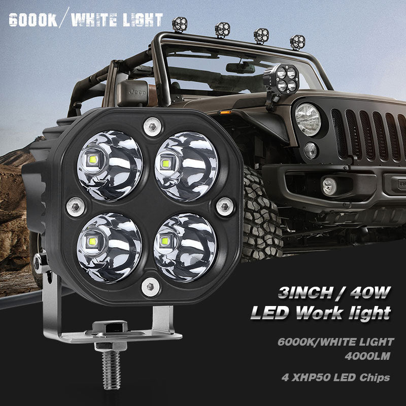 Off-road LED square spotlight for truck or car, compact black auxiliary driving light