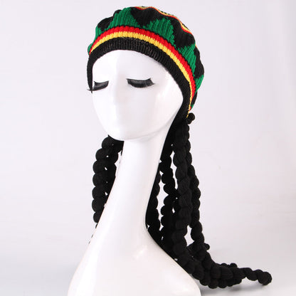 Braided straw hat and wig beret with woven texture and rounded beret shape