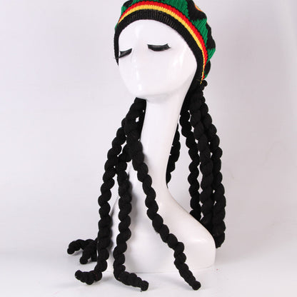 Braided straw hat and wig beret with woven texture and rounded shape