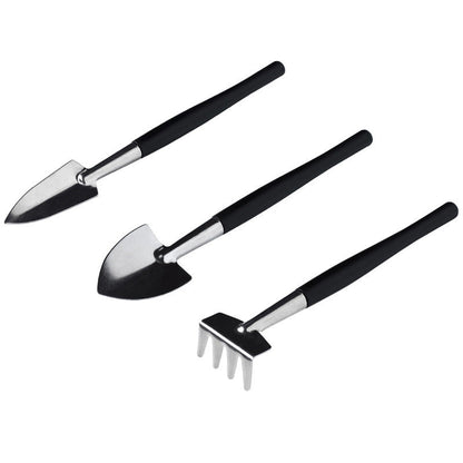 Mini succulent transplant garden hand tools set with trowel, shovel, and rake