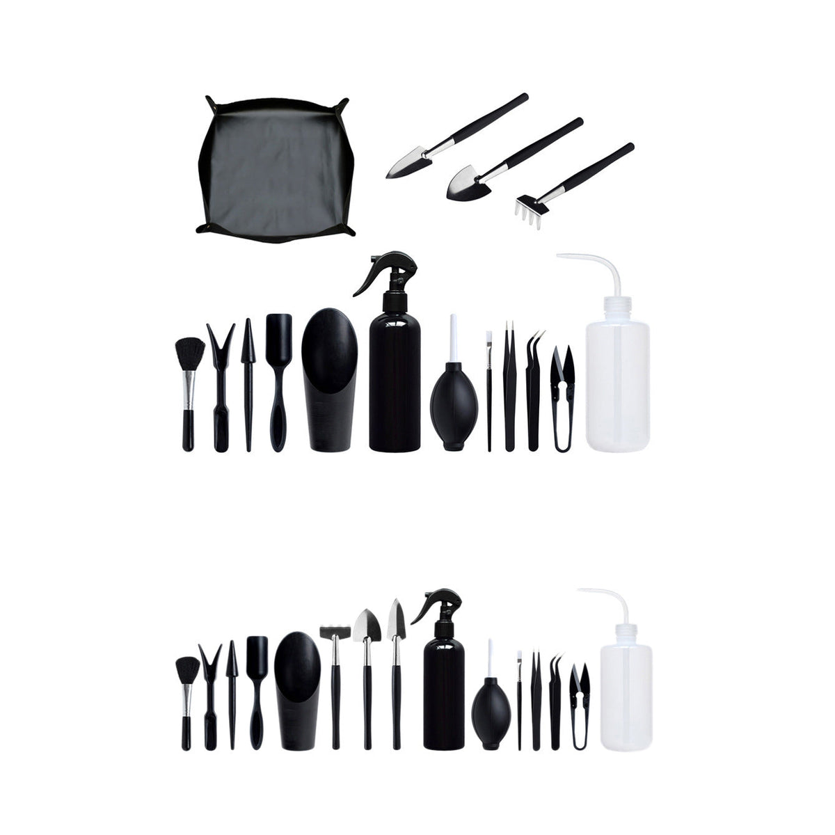 Mini garden hand tools set for transplanting succulent plants, including compact gardening tools in gray and green