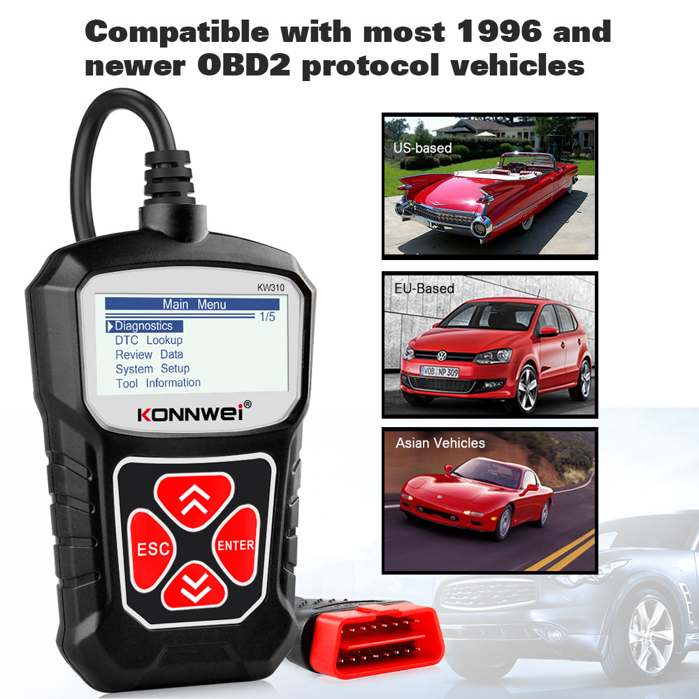 Automotive car scanner diagnostic tool for vehicle troubleshooting, handheld car tool displayed on a plain background