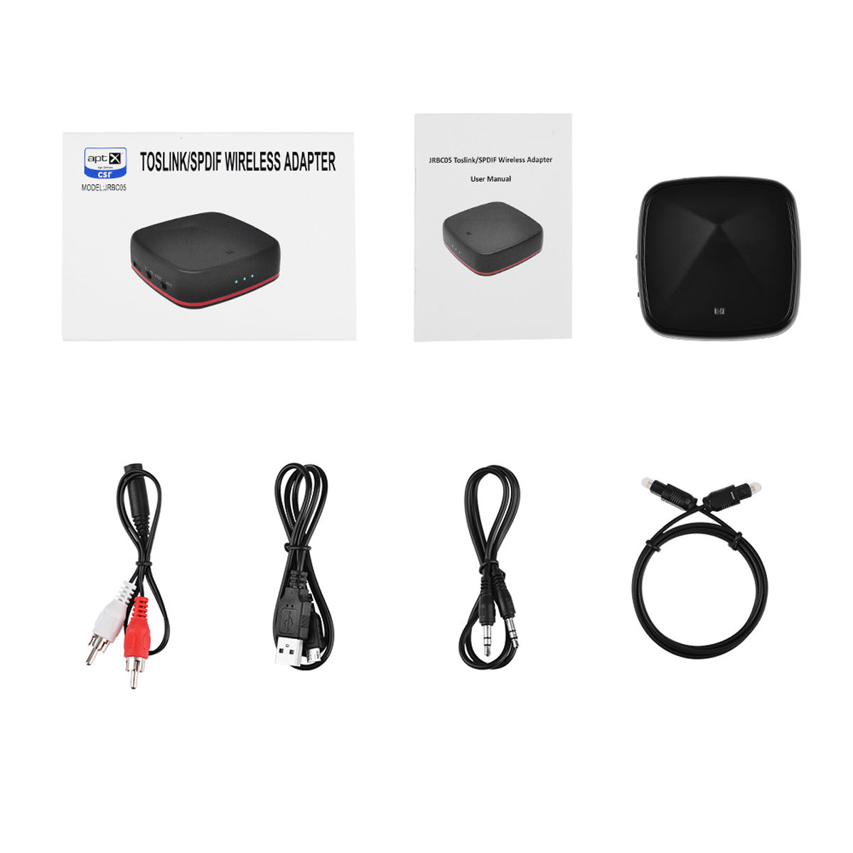 Optical Fiber Bluetooth 5.0 Adapter CSR8675 with compact black transmitter and receiver design