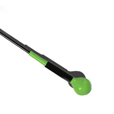 Golf swing trainer for practicing golf swing technique, black training aid displayed on a white background